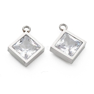 304 Stainless Steel Rhinestone Pendant, Rhombus, Crystal, Stainless Steel Color, 15x12x4mm, Hole: 1.8mm(STAS-Z009-15P)