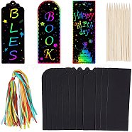 Bookmarks Making Kit, with Blank Paper Cards with Hole, Ribbon and Bamboo Sticks, for DIY Scratch Art Paper Magic Bookmark Gift Tags, Black, 150x50x0.2mm, Hole: 3mm(DIY-NB0003-41)