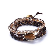 Three Loops Natural Tiger Eye Beads Wrap Bracelets, with Cowhide Leather Cord, Faceted Electroplate Glass Beads and Brass Button Clasps, with Burlap Packing Pouches Drawstring Bags, Golden , 22 inch~22.4 inch(56~57cm)(BJEW-JB04247-02)