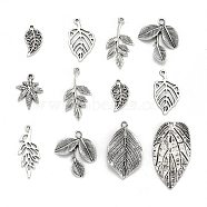 Mixed Style Tibetan Style Alloy Leaf Pendants, Antique Silver, 19~47x10~26x2~4mm, Hole: 2~4mm, about 50pcs/100g(TIBEP-F040-01AS)