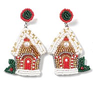 Christmas Style Glass Bead Handmade Dangle Stud Earrings for Women, Snow House Design, Red, 60x53mm(GK0516)