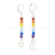 Natural Malaysia Jade with Alloy Moon and Star Long Dangle Leverback Earrings, 7 Chakra Gemstone Asymmetrical Earrings for Women, Antique Silver, 61.5~60.5mm, Pin: 0.6mm(EJEW-JE04910-01)
