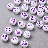 White Opaque Acrylic Beads, Flat Round with Expression, Dark Orchid, 7x4mm, Hole: 1.6mm, about 3650pcs/500g(MACR-N008-42-A02)