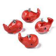 Handmade Porcelain Pendants, with Platinum Plated Brass Findings, Famille Rose Style, Whale, Red, 25~28x16~17x18~19mm, Hole: 1.6mm(PORC-N004-150B)