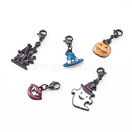 Halloween Theme Alloy Enamel Pendants Set, with 304 Stainless Steel Lobster Claw Clasps, Castle & Magic Hat & Pumpkin Jack-O'-Lantern & Mouth & Ghost with Witch Hat, Mixed Color, 23~36mm, 5pcs/Set(HJEW-JM00436)