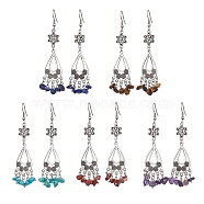 304 Stainless Steel Flower & Teardrop Chandelier Earrings, Natural & Synthetic Mixed Gemstone Chips Drop Earrings, 75x19mm(EJEW-JE05624)