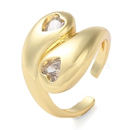 Rack Plating Brass with Clear Cubic Zirconia Open Cuff Rings, Teardrop with Heart, Real 16K Gold Plated, Inner Diameter: 17mm(RJEW-M158-06G)