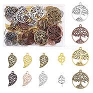 120Pcs 12 Style Tibetan Style Alloy Pendants, Flat Round with Tree & Leaf & Four Leaves Clover, Mixed Color, 10~29x6~25x1~1.5mm, Hole: 1~2mm, 10pcs/style(FIND-SZ0005-99)
