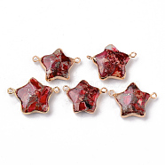 Synthetic Gold Line Regalite/Imperial Jasper/Sea Sediment Jasper Links Connectors, with Light Gold Plated Brass Edge, Dyed, Star, Red, 18~19x25~27x6~7mm, Hole: 1.5~1.8mm(G-N330-011B)