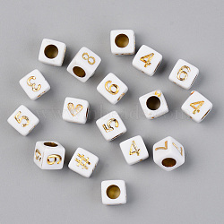 Vacuum Plating Acrylic Beads, Opaque, Cube with Number, White, Golden Plated, 6x6x6mm, Hole: 3.5mm, 2900pcs/500g(PACR-T010-004G)