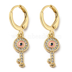 Real 18K Gold Plated Brass Dangle Leverback Earrings, with Enamel and Cubic Zirconia, Key with Evil Eye, Pink, 30x7mm(EJEW-A033-27G)