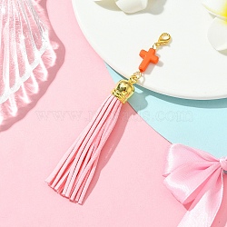 Cross Acrylic & Faux Suede Tassel Pendant Decorations, with Alloy Lobster Claw Clasps, Pearl Pink, 120mm(HJEW-YW00078-02)