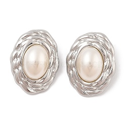 304 Stainless Steel Stud Earrings, with Plastic Imitation Pearl, Oval, Stainless Steel Color, 29.5x23mm(EJEW-B108-01P)