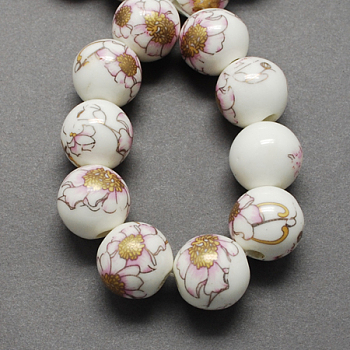Handmade Printed Porcelain Beads, Round, Goldenrod, 12mm, Hole: 2mm