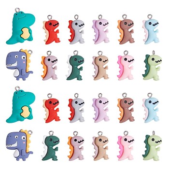 24 Pieces Dinosaur Charms Pendants Animal Shape Resin Charm Colorful Dinosaur Pendant for Jewelry Necklace Bracelet Earring Making Crafts, Mixed Color, 28x25x6.5mm, Hole: 2mm