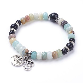 Natural Obsidian Stretch Charm Bracelets, with Flower Amazonite and Alloy Pendant, Flat Round with Lotus and Om Symbol, 2-1/4 inch(58mm)