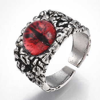 Alloy Glass Cuff Finger Rings, Wide Band Rings, Dragon Eye, Antique Silver, Red, Size 10, 20mm