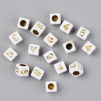 Vacuum Plating Acrylic Beads, Opaque, Cube with Number, White, Golden Plated, 6x6x6mm, Hole: 3.5mm, 2900pcs/500g