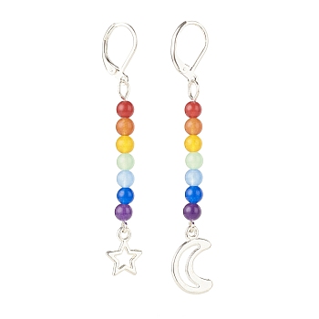 Natural Malaysia Jade with Alloy Moon and Star Long Dangle Leverback Earrings, 7 Chakra Gemstone Asymmetrical Earrings for Women, Antique Silver, 61.5~60.5mm, Pin: 0.6mm