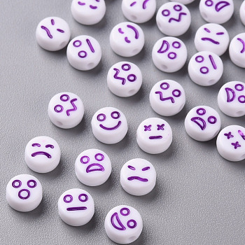 White Opaque Acrylic Beads, Flat Round with Expression, Dark Orchid, 7x4mm, Hole: 1.6mm, about 3650pcs/500g