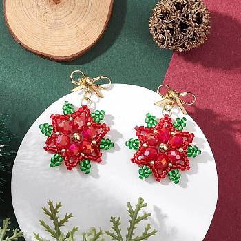 Brass Seed Beads Christmas Flower Snowflake Dangle Stud Earrings, Golden, Red, 36x28mm