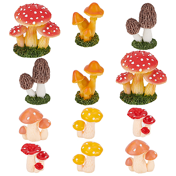 12Pcs 6 Style Resin Potted Mushroom Display Ornaments, Miniature Artificial Pensai Plants, for Dollhouse Decor Mini Garden, Mixed Color, 27~36x20~31x21~40mm, 2pcs/style