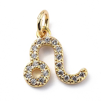 Brass Micro Pave Cubic Zirconia Charms, Constellation Charm, with Jump Rings, Real 18K Gold Plated, Leo, 11.5x12x1.5mm, Hole: 3.4mm