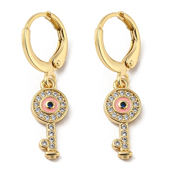 Real 18K Gold Plated Brass Dangle Leverback Earrings, with Enamel and Cubic Zirconia, Key with Evil Eye, Pink, 30x7mm