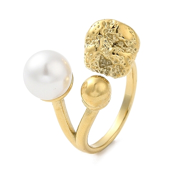 304 Stainless Steel Round Ball Open Cuff Ring with ABS Plastic Imitation Pearl, Real 14K Gold Plated, Inner Diameter: 17mm