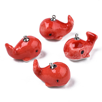 Handmade Porcelain Pendants, with Platinum Plated Brass Findings, Famille Rose Style, Whale, Red, 25~28x16~17x18~19mm, Hole: 1.6mm