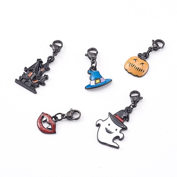 Halloween Theme Alloy Enamel Pendants Set, with 304 Stainless Steel Lobster Claw Clasps, Castle & Magic Hat & Pumpkin Jack-O'-Lantern & Mouth & Ghost with Witch Hat, Mixed Color, 23~36mm, 5pcs/Set