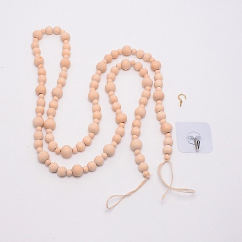 Round Natural Wood Beads Curtain Hanging Decorations, with Cord, Hooks and Nails, BurlyWood, 1870x10~15.5mm