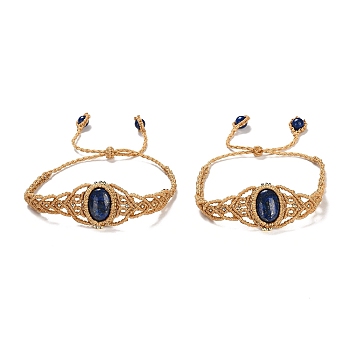 Natural Lapis Lazuli Oval Braided Bead Bracelets, Wax Strings Adjustable Bracelet, Inner Diameter: 2-3/4~4 inch(7.1~10.1cm)