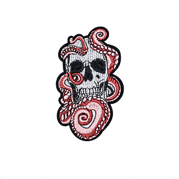 Computerized Embroidery Cloth Iron on/Sew on Patches, Costume Accessories, Snake+ with Skull, Light Coral, 107x63mm