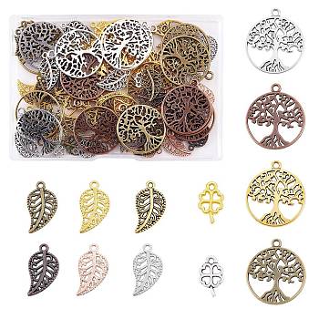120Pcs 12 Style Tibetan Style Alloy Pendants, Flat Round with Tree & Leaf & Four Leaves Clover, Mixed Color, 10~29x6~25x1~1.5mm, Hole: 1~2mm, 10pcs/style