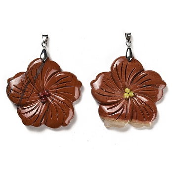 Natural Red Jasper Pendants, Flower Charms, with Platinum Plated Iron Snap on Bails, 46x47.5x7.5mm, Hole: 6x4mm