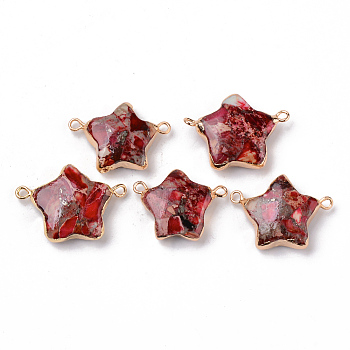 Synthetic Gold Line Regalite/Imperial Jasper/Sea Sediment Jasper Links Connectors, with Light Gold Plated Brass Edge, Dyed, Star, Red, 18~19x25~27x6~7mm, Hole: 1.5~1.8mm