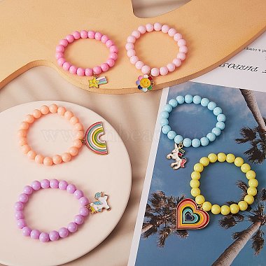 Candy Color Acrylic Round Beads Stretch Bracelets Set with Rainbow Color Enamel Charms for Kids(BJEW-PH01488)-4