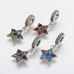 Tibetan Style Alloy Rhinestone European Dangle Charms, Large Hole Pendants, Star, Antique Silver, Mixed Color, 26mm, Hole: 4.5mm, Pendant: 15x12.5x3mm(PALLOY-F202-20)