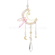 Natural Rose Quartz Chips & Brass Moon Pendant Decorations, with Glass Cone and Brass Sun/Star/Moon Charms, for Home Decorations, 325mm(HJEW-TA00066-01)