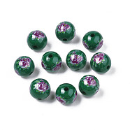 Opaque Printed Acrylic Beads, Round with Flower, Dark Green, 9x9.5mm, Hole: 1.8mm(MACR-T043-02A-01)