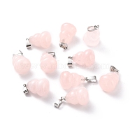 Natural Rose Quartz Pendants, with Brass Loops and Snap on Bails, Long-Lasting Plated, Platinum, Gourd/Calabash, 16.5~17x12mm, Hole: 4x4mm(G-G846-01C)