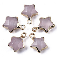 Natural Rose Quartz Pendants, with Light Gold Plated Edge and Brass Loop, Star, Faceted, 16~17x13x6.5mm, Hole: 1.6mm(X-G-N326-36E)