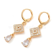 Rack Plating Golden Brass Dangle Leverback Earrings, with Cubic Zirconia, Rhombus, Clear, 39x12mm(EJEW-B037-15G)