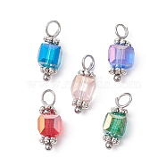 Glass Pendants, with Platinum Tone Brass Loops, Cube Charms, Mixed Color, 15x5.5x5.5mm, Hole: 3mm(PALLOY-JF02363)