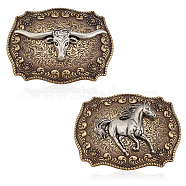 2Pcs 2 Styles Western Alloy Belt Buckles, Belt Fastener, Rectangle with Ox Head/Horse, Antique Bronze, 62.5~63x84~84.5x22.5~24mm, Knob: 5mm, 1pc/style(FIND-AN0001-02)