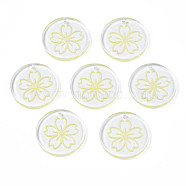 Transparent Resin Pendants, with Glitter Powder, Flat Round with Sakura Flower, Champagne Yellow, 24~24.5x3~4mm, Hole: 1.2mm(RESI-N030-004E)