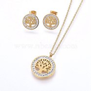 304 Stainless Steel Jewelry Sets, Pendant Necklaces and Stud Earrings, with Polymer Clay Rhinestone, Flat Round with Tree of Life, Golden, 17.32 inch(44cm), 14x2mm, Pin: 0.8mm(SJEW-H143-04G)