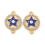 Alloy Blue Enamel Connector Charms, Crystal Rhinestone Evil Eye Links, Golden, Flat Round, 22x12x2mm, Hole: 1.7mm(ENAM-S003-02F)