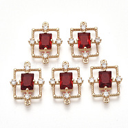 Golden Tone Brass Links connectors, with Faceted Glass and Rhinestone, Rectangle, Red, 19x13.5x3.5mm, Hole: 1mm(X-GLAA-R212-14B)